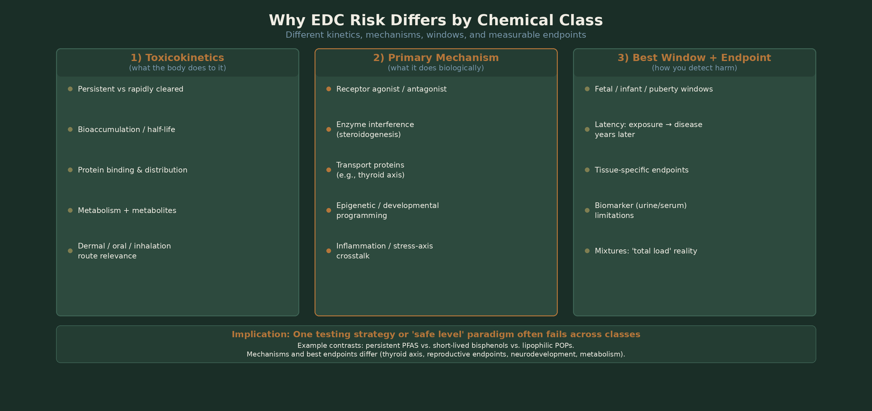 Why EDC risk differs by chemical class — different kinetics, mechanisms, windows, and measurable endpoints across PFAS, bisphenols, and lipophilic POPs