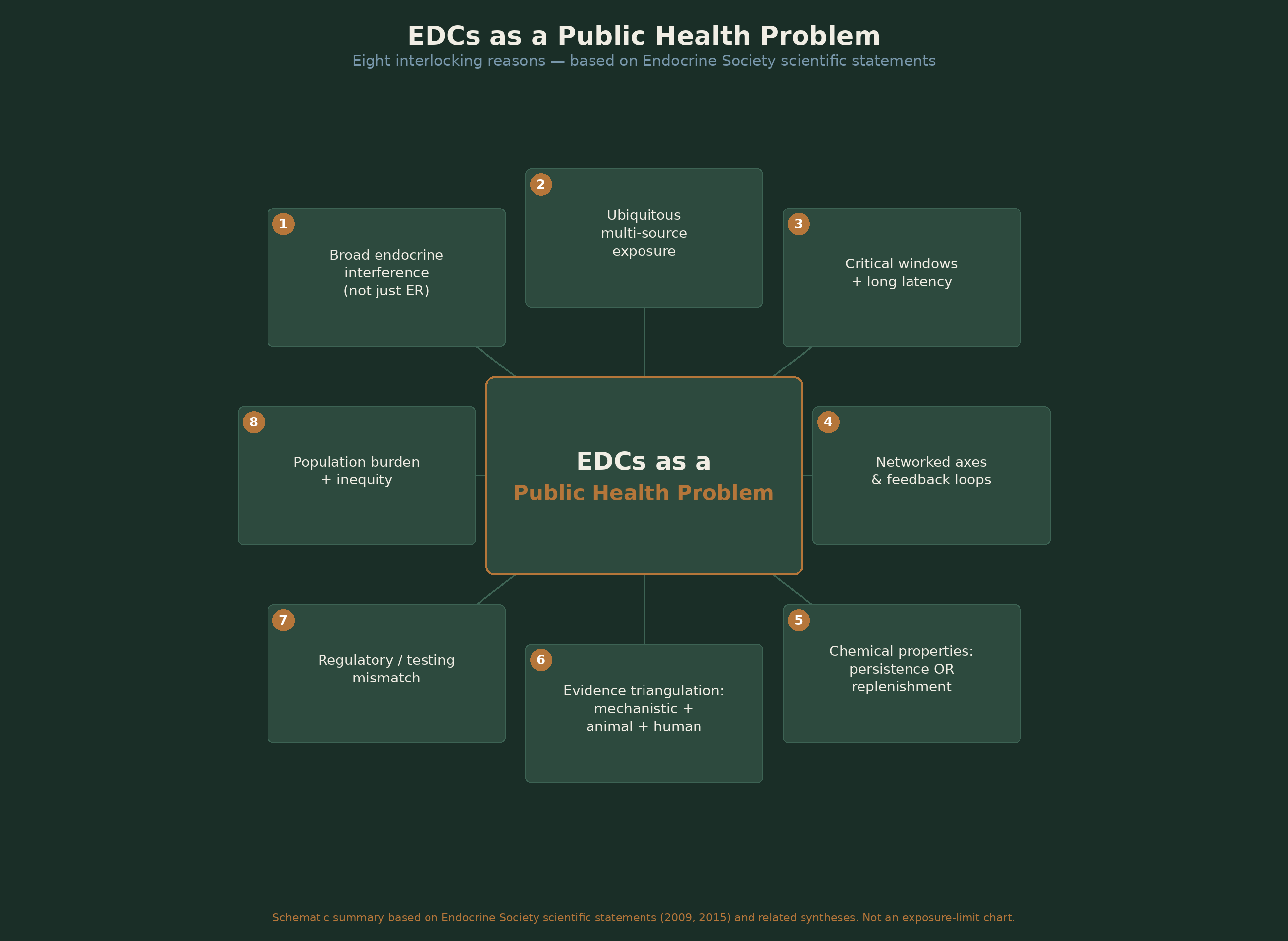 Schematic summary of eight interlocking reasons EDCs constitute a public health problem — based on Endocrine Society scientific statements (2009, 2015) and related syntheses